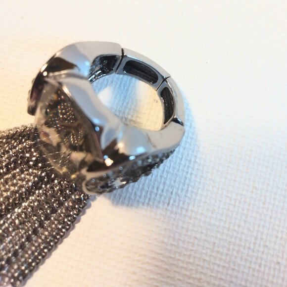 Statement Silver Toned Ring w/ Long Fringe Faux Gemstone Adjustable Cocktail - Picture 6 of 10